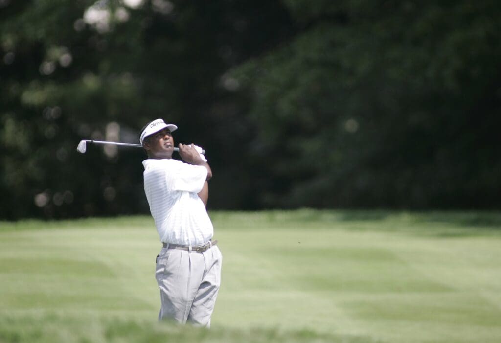 Aug 11, 2005; Springfield, NJ, USA; Vijay Singh hits his approach shot to the second green during the 1st round of the 87th PGA Championship at Baltusrol Golf Club