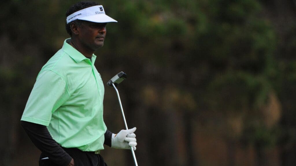 Vijay Singh on the eighth hole during the first round play of the AT&T Pebble Beach National Pro-Am golf tournament at Poppy Hills in Pebble Beach, CA.