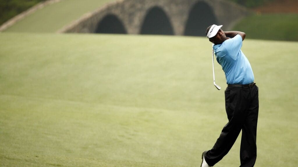 Apr 8, 2015; Augusta, GA, USA; Vijay Singh hits a shot from the 13th fairway during a practice round in preparation for the 2015 The Masters golf tournament at Augusta National Golf Club.