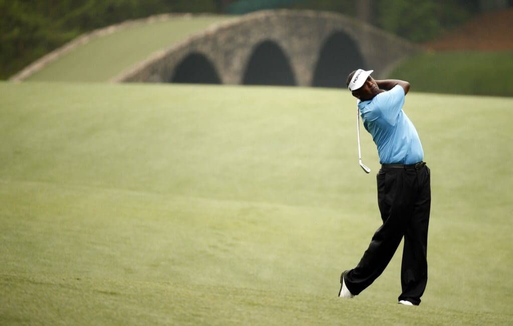 Apr 8, 2015; Augusta, GA, USA; Vijay Singh hits a shot from the 13th fairway during a practice round in preparation for the 2015 The Masters golf tournament at Augusta National Golf Club.