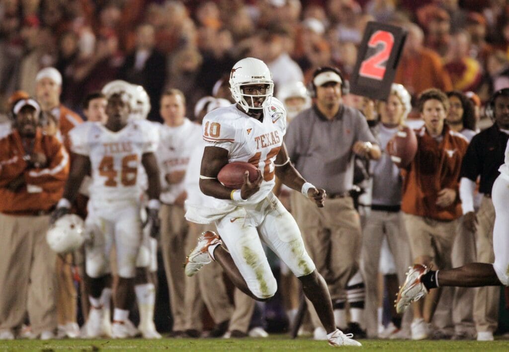 Jan 4, 2006; Pasadena, CA, USA: FILE PHOTO; Texas Longhorns quarterback Vince Young (10) in action against the Southern California Trojans during the 2006 Rose Bowl at the Rose Bowl. The Longhorns defeated the Trojans 41-38.