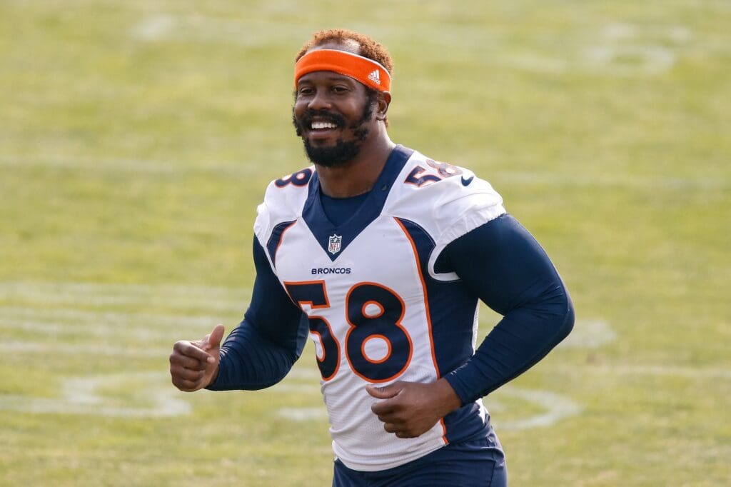 Aug 21, 2020; Englewood, Colorado, USA; Denver Broncos linebacker Von Miller (58) during training camp at the UCHealth Training Center.