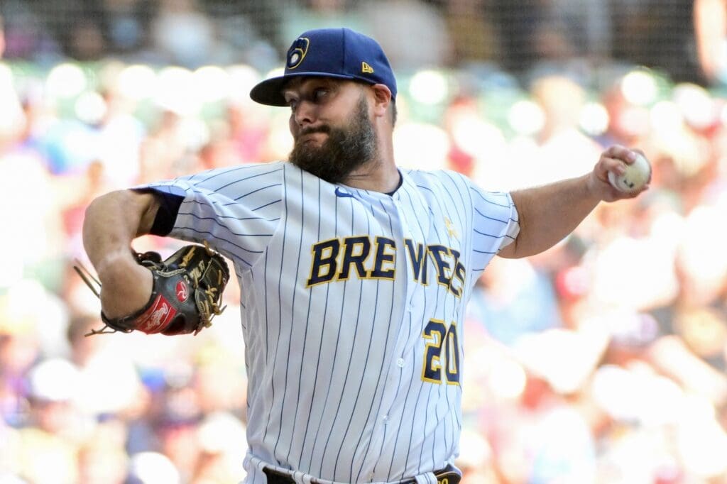 Sep 3, 2023; Milwaukee, Wisconsin, USA; Milwaukee Brewers pitcher Wade Miley (20) pitches against the Philadelphia Phillies in the first inning at American Family Field