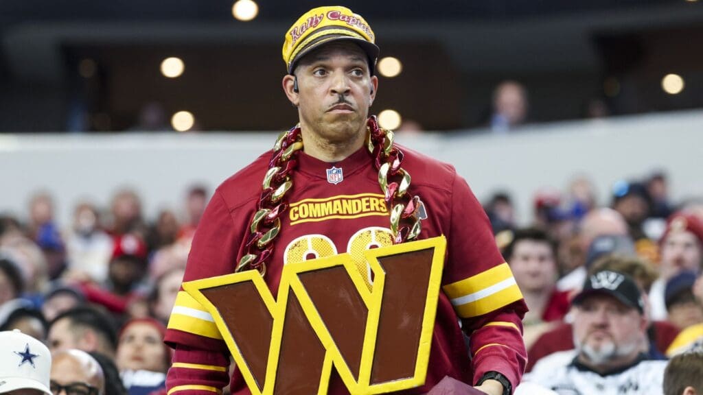 Jan 5, 2025; Arlington, Texas, USA; Washington Commanders fan during the second half against the Dallas Cowboys at AT&T Stadium