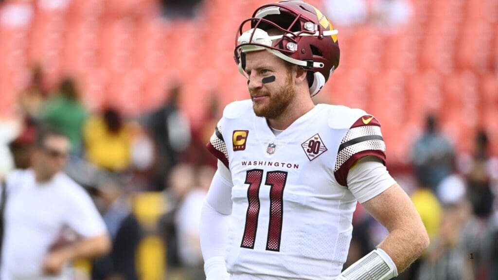 Sep 25, 2022; Landover, Maryland, USA; Washington Commanders quarterback Carson Wentz (11) on the field before the game between the Washington Commanders and the Philadelphia Eagles at FedExField.