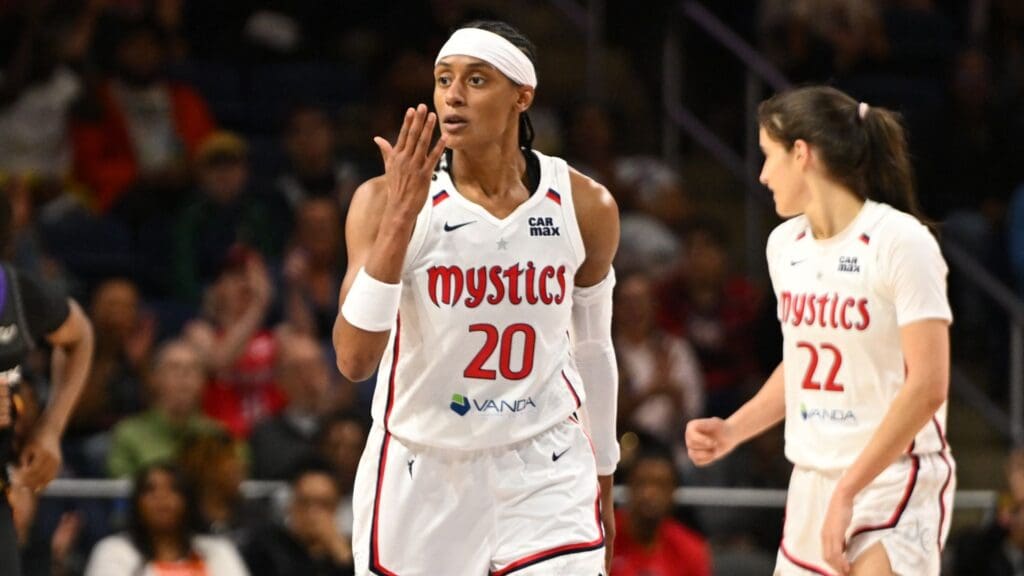 Jun 8, 2025; Washington, District of Columbia, USA; Washington Mystics guard Brittney Sykes (20) reacts after a three point basket during the third quarter against the Connecticut Sun at CareFirst Arena.