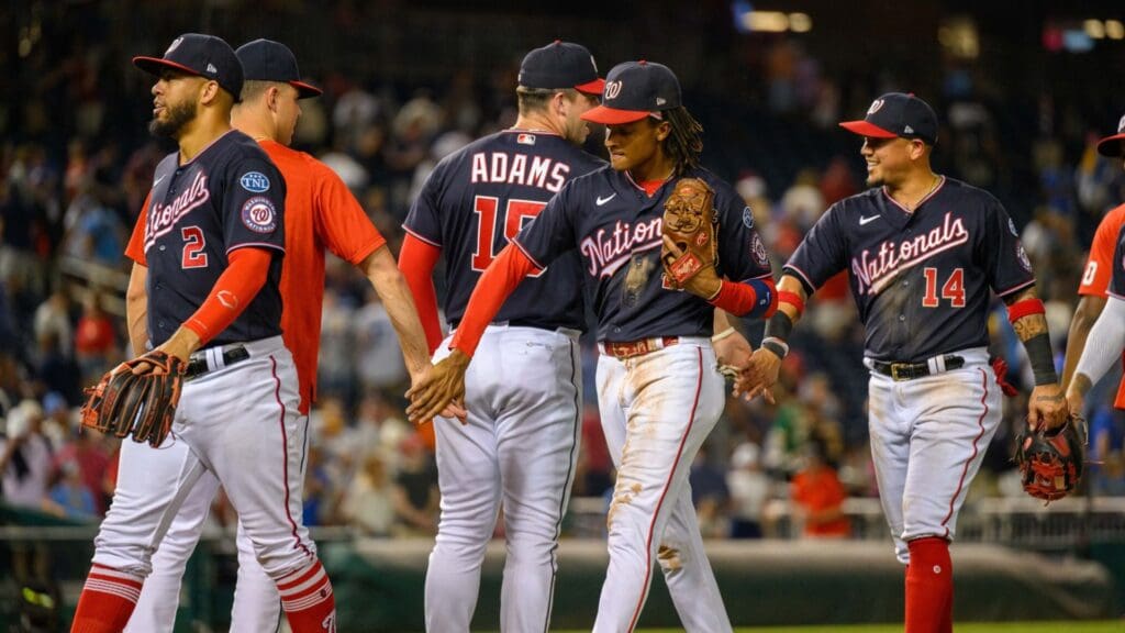 Jul 31, 2023; Washington, District of Columbia, USA; The Washington Nationals team celebrates after winning the game against the Milwaukee Brewers at Nationals Park.