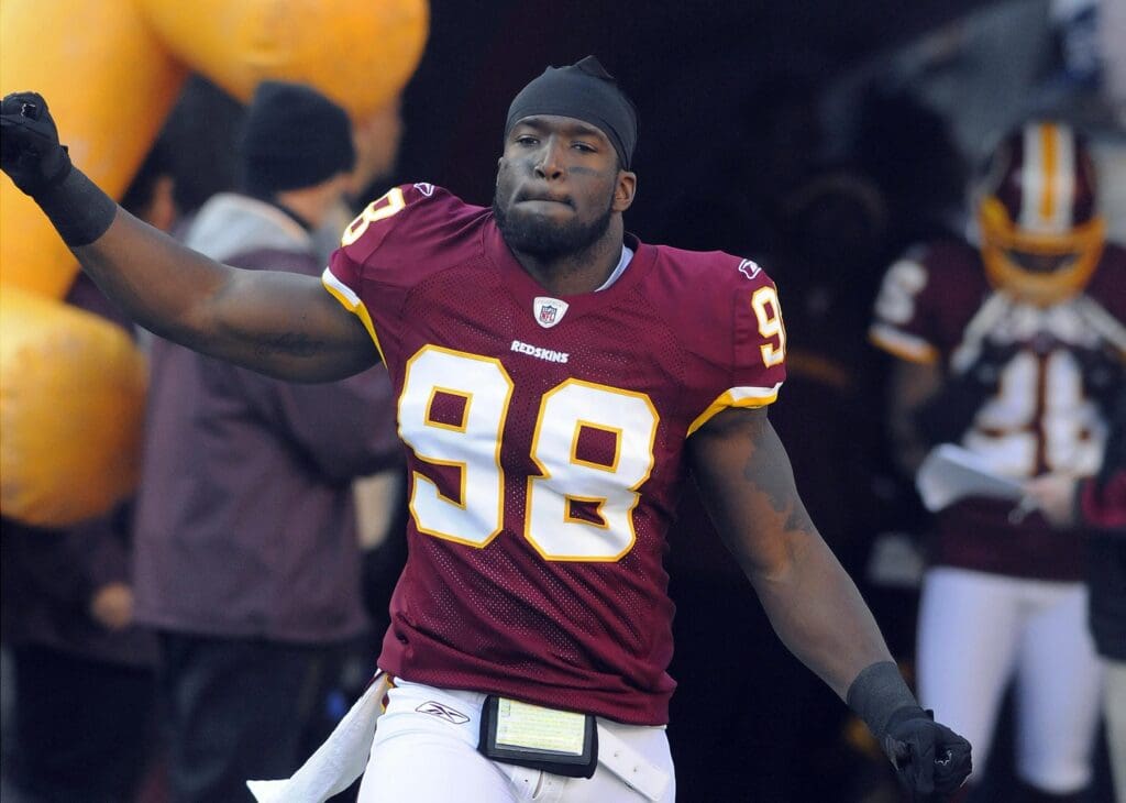 Dec 11, 2011; Landover, MD, USA; Washington Redskins linebacker Brian Orakpo (98) before the game against the New England Patriots at FedEX Field.