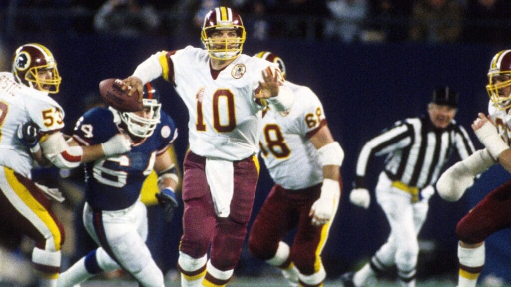 Oct 11, 1987; E. Rutherford, NJ, USA; FILE PHOTO; Washington Redskins quarterback Jay Schroeder (10) in action against the New York Giants at Giants Stadium.