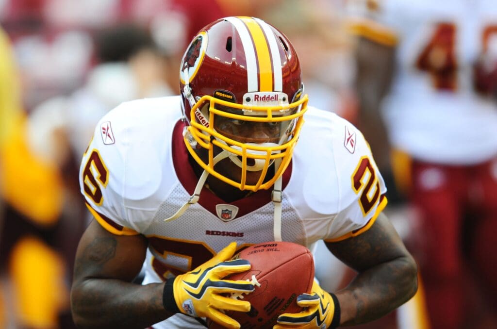 Aug 21, 2010; Landover, MD, USA; Washington Redskins running back Clinton Portis warms up before the start of a preseason game against the Baltimore Ravens at FedEx FIeld