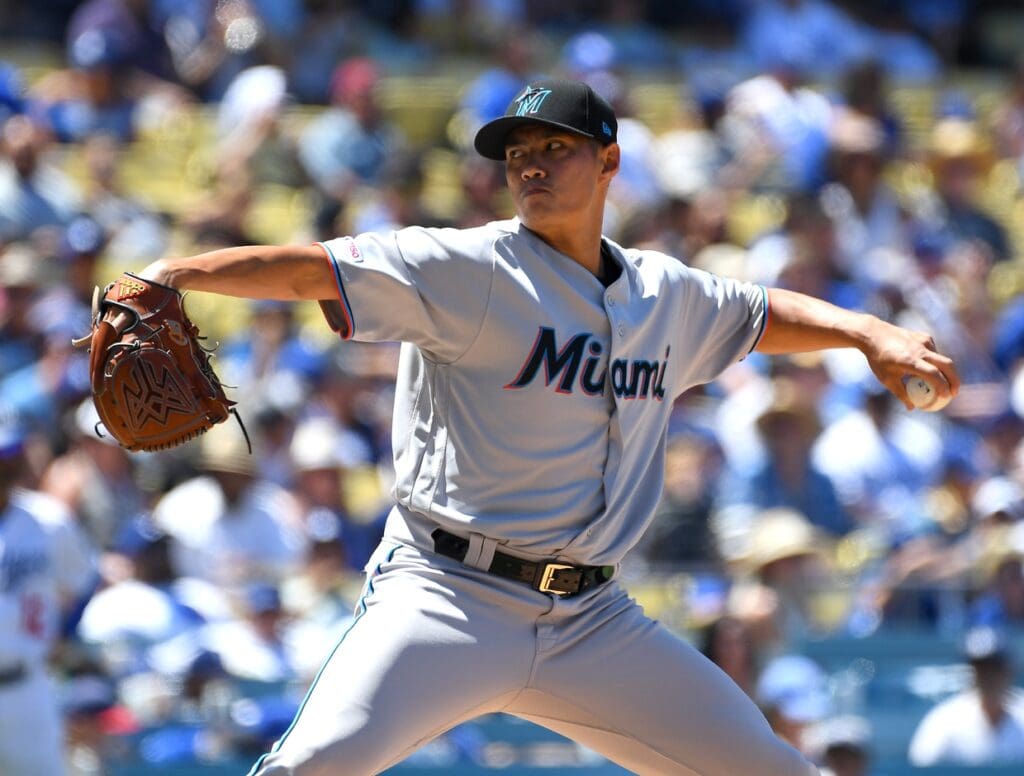Jul 21, 2019; Los Angeles, CA, USA; Miami Marlins relief pitcher Wei-Yin Chen (20) in the fifth inning of the game against the Los Angeles Dodgers at Dodger Stadium.