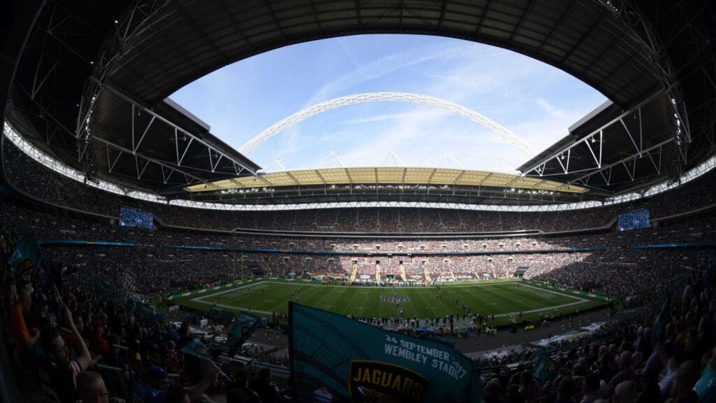 Sep 24, 2017; London, United Kingdom; General overall view of the opening kickoff of the NFL International Series game between the Jacksonville Jaguars and the Baltimore Ravens at Wembley Stadium