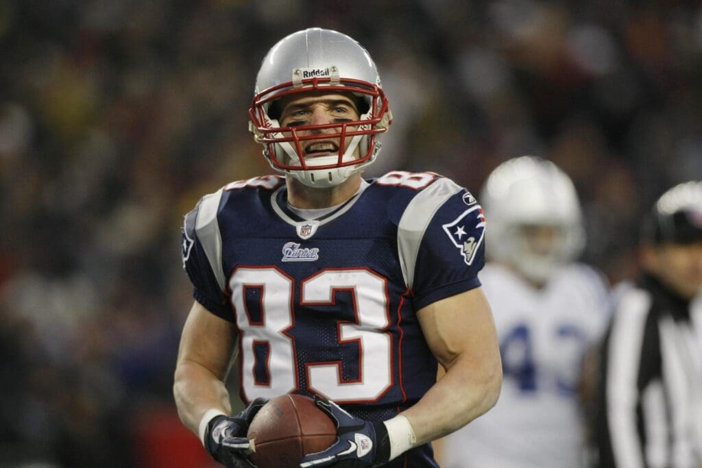 Nov 21, 2010; Foxboro, MA, USA; New England Patriots wide receiver Wes Welker (83) celebrates a touchdown during the first half against the Indianapolis Colts at Gillette Stadium.