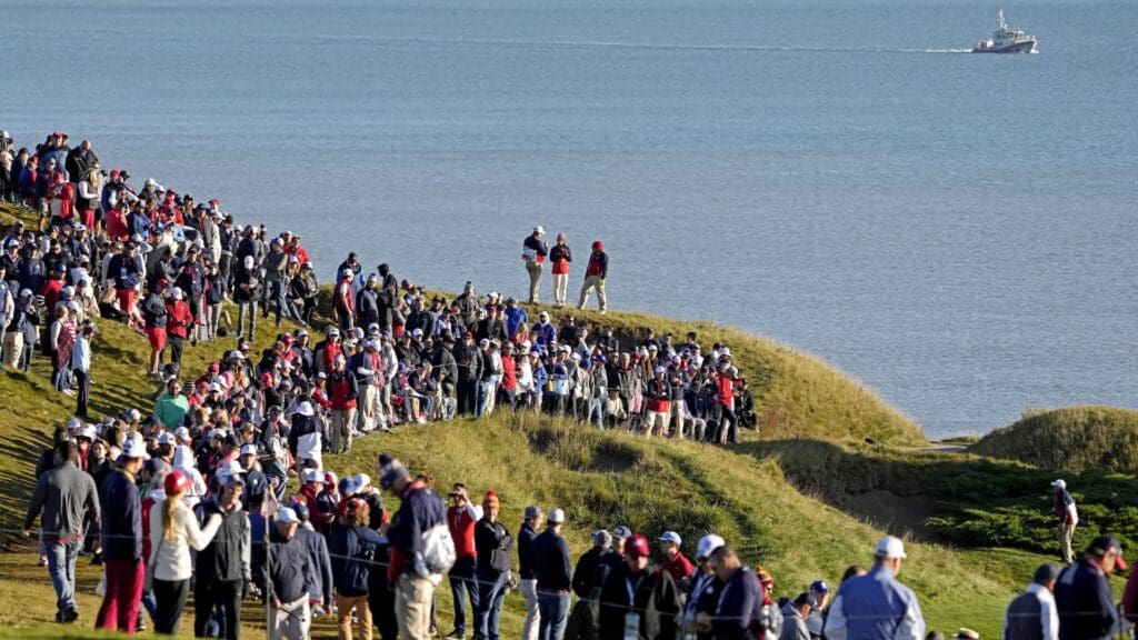 Sep 25, 2021; Haven, Wisconsin, USA; Fans watch from the hill near the seventh green during day two foursomes rounds for the 43rd Ryder Cup golf competition at Whistling Straits