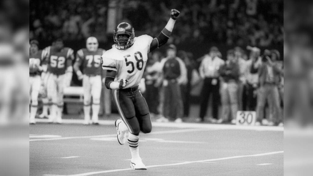 Jan 26,1986; New Orleans, LA, USA; FILE PHOTO; Chicago Bears linebacker Wilber Marshall (58) reacts after a sack against the New England Patriots during Super Bowl XX at the Superdome. The Bears defeated the Patriots 46-10.