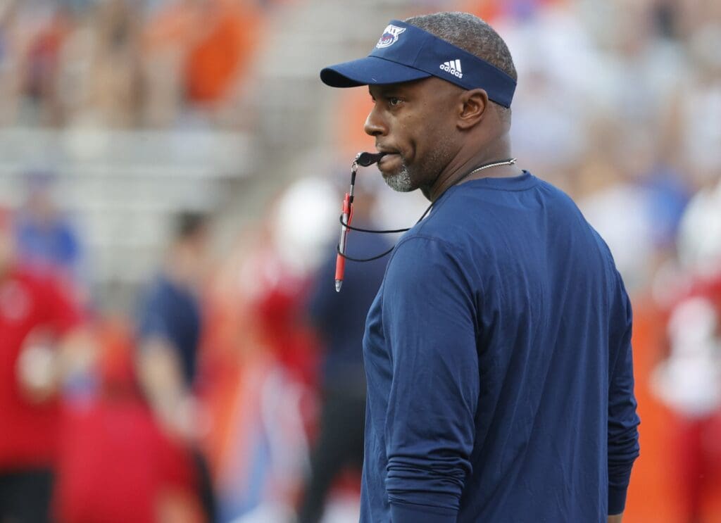 Sep 4, 2021; Gainesville, Florida, USA; Florida Atlantic Owls head coach Willie Taggart looks on before a game against the Florida Gators at Ben Hill Griffin Stadium.