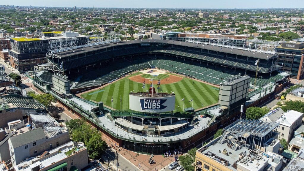 Wrigley Field in line with the Chicago Cubs sign.
