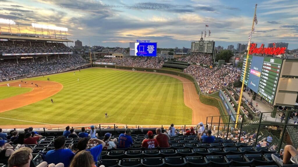 Jun 30, 2022; Chicago, Illinois, USA; An overall view of Wrigley Field during sunset in the third inning of the game between the Chicago Cubs and the Cincinnati Reds