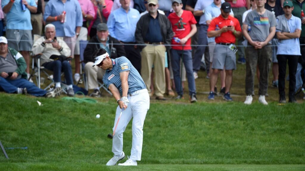 May 16, 2019; Bethpage, NY, USA; Ye Yang plays his shot from the 17th tee during the first round of the PGA Championship golf tournament at Bethpage State Park - Black Course.