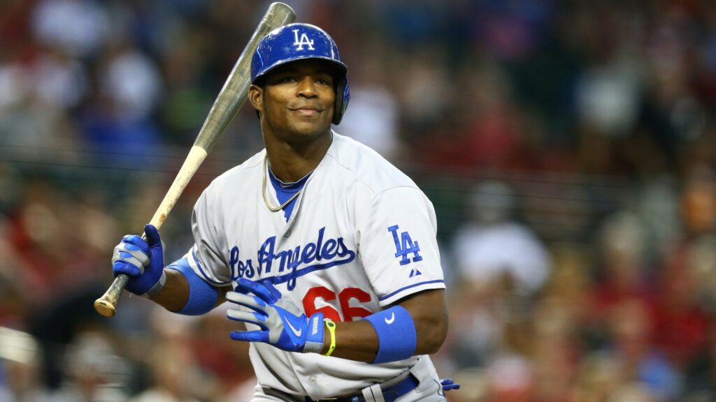 Jul. 9, 2013; Phoenix, AZ, USA: Los Angeles Dodgers outfielder Yasiel Puig against the Arizona Diamondbacks at Chase Field.