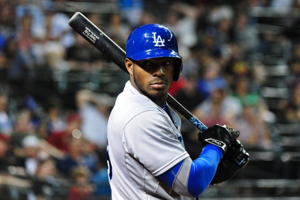 Jul 1, 2015; Phoenix, AZ, USA; Los Angeles Dodgers right fielder Yasiel Puig (66) looks on during the ninth inning against the Arizona Diamondbacks at Chase Field.
