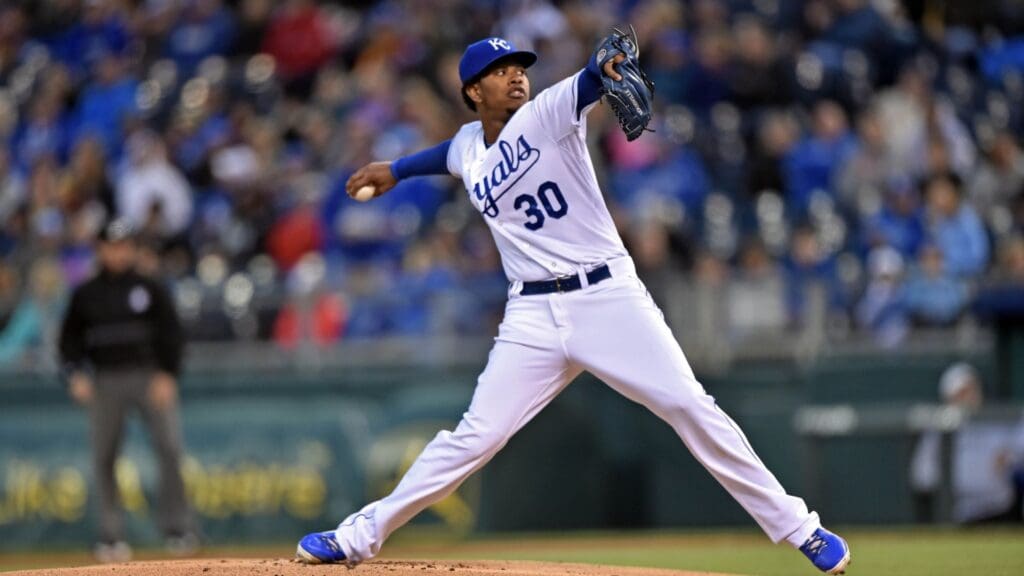 Sep 12, 2014; Kansas City, MO, USA; Kansas City Royals pitcher Yordano Ventura (30) delivers a pitch against the Boston Red Sox during the first inning at Kauffman Stadium.