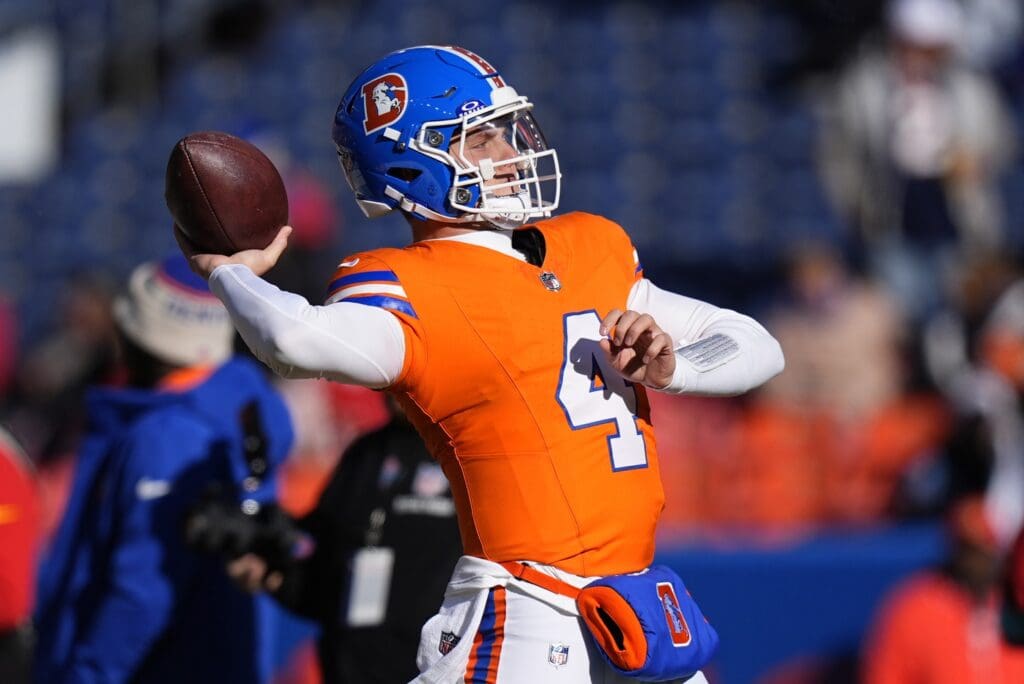 Jan 5, 2025; Denver, Colorado, USA; Denver Broncos quarterback Zach Wilson (4) before the game against the Kansas City Chiefs at Empower Field at Mile High.