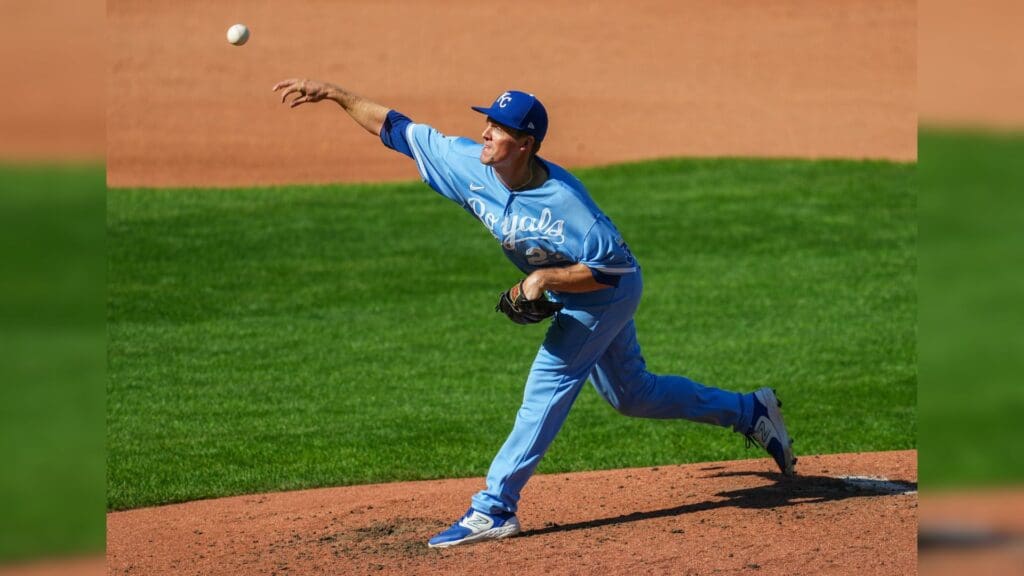 Oct 1, 2023; Kansas City, Missouri, USA; Kansas City Royals starting pitcher Zack Greinke (23) pitches during the fourth inning against the New York Yankees at Kauffman Stadium.