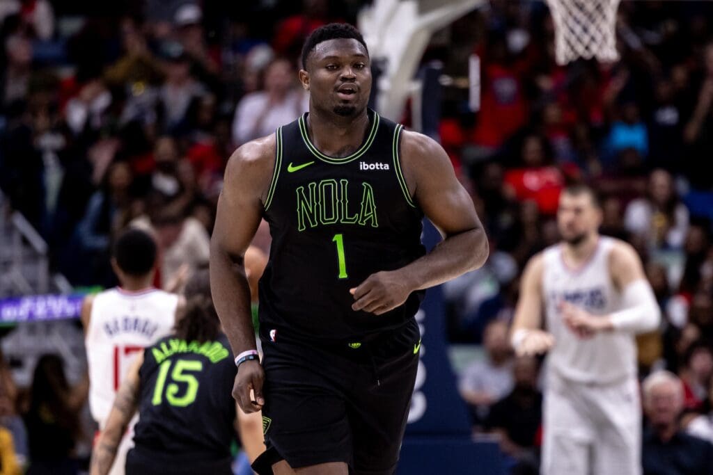 Mar 15, 2024; New Orleans, Louisiana, USA; New Orleans Pelicans forward Zion Williamson (1) looks on against the LA Clippers during the second half at Smoothie King Center.