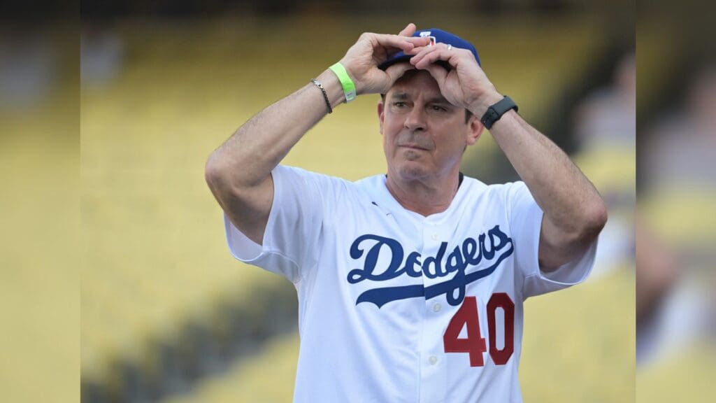 Jun 16, 2023; Los Angeles, California, USA; The only openly gay Major League Baseball player, BIlly Bean, is acknowledged on Pride Night prior to the game between the Los Angeles Dodgers and the San Francisco Giants at Dodger Stadium.