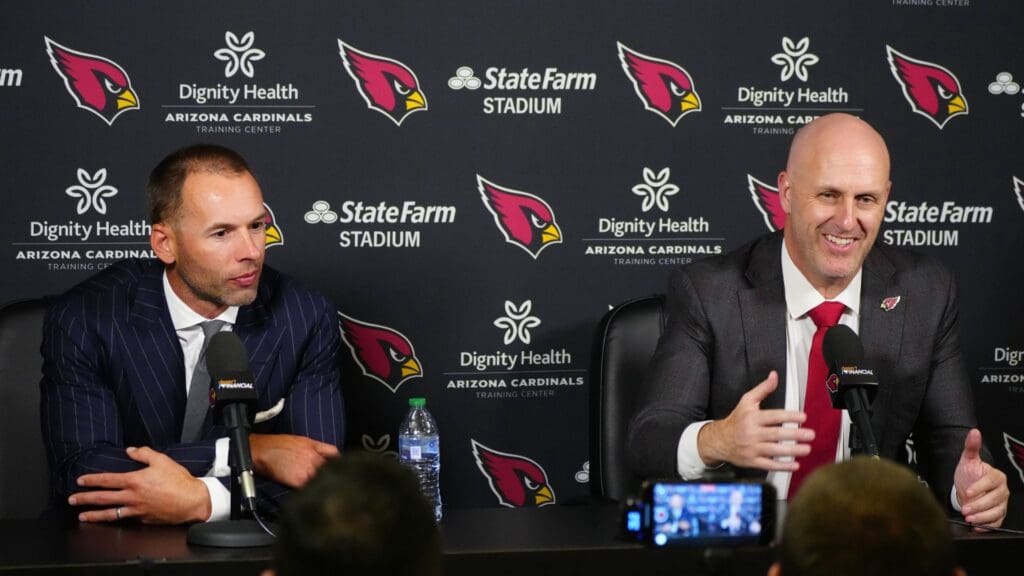 Cardinals general manager Monti Ossenfort speaks about Walter Nolen with head coach Jonathan Gannon during a news conference inside the Arizona Cardinals training facility on April 24, 2025, in Tempe.