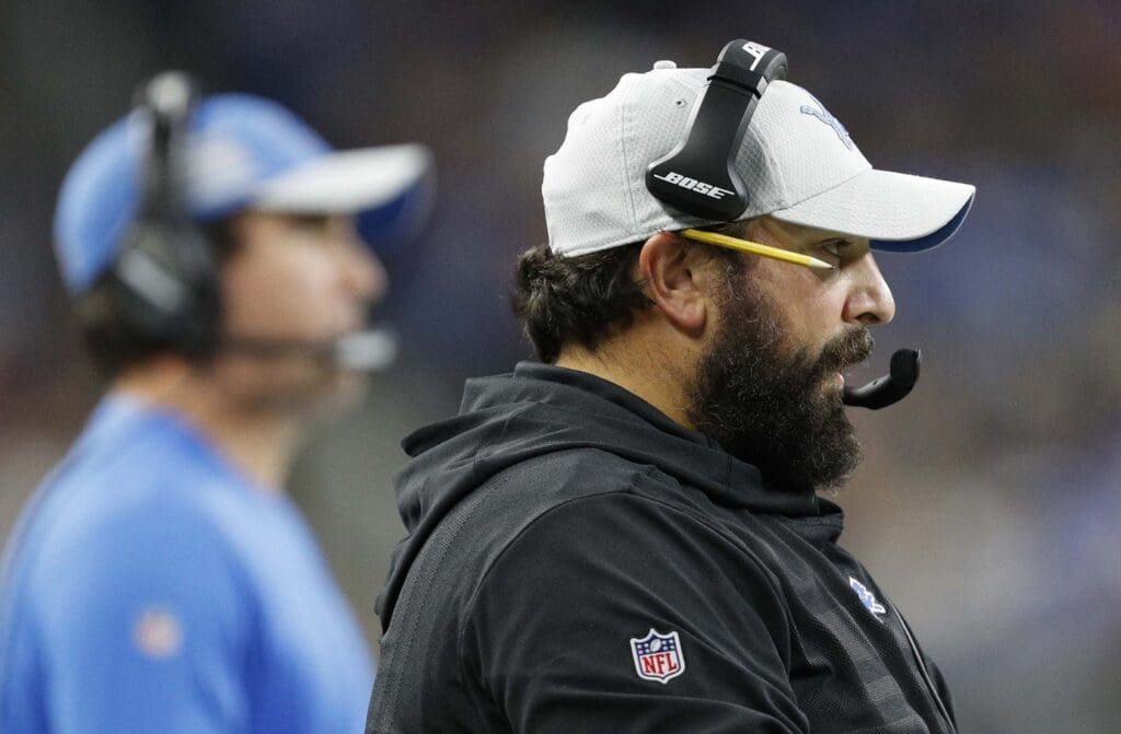 Sep 23, 2018; Detroit, MI, USA; Detroit Lions head coach Matt Patricia looks on with offensive coordinator Jim Bob Cooter in the background during the first quarter against the New England Patriots at Ford Field.