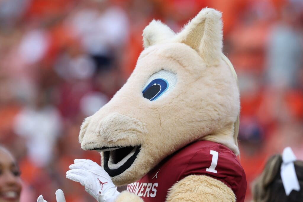 Boomer, the Oklahoma Sooners mascot, performs during the fourth quarter against the Auburn Tigers at Jordan-Hare Stadium.