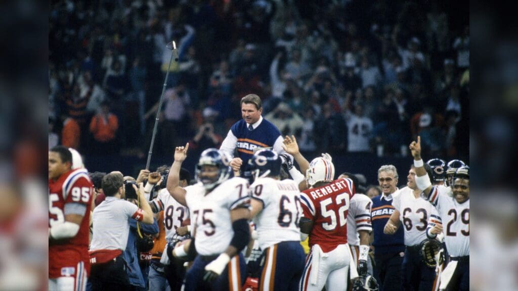 Jan 26, 1986; New Orleans, LA, USA; FILE PHOTO; Chicago Bears head coach Mike Ditka is hoisted by his players after defeating the New England Patriots during Super Bowl XX at the Louisiana Superdome. The Bears won 46-10.