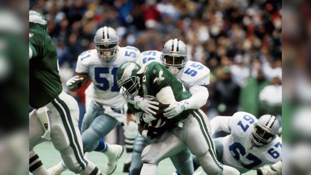 Jan 10, 1993; Dallas, TX, USA; Dallas Cowboys linebacker Ken Norton (51) tackles Philadelphia Eagles running back Heath Sherman (23) during the 1992 NFC Divisional Playoff Game at Texas Stadium. FILE PHOTO;