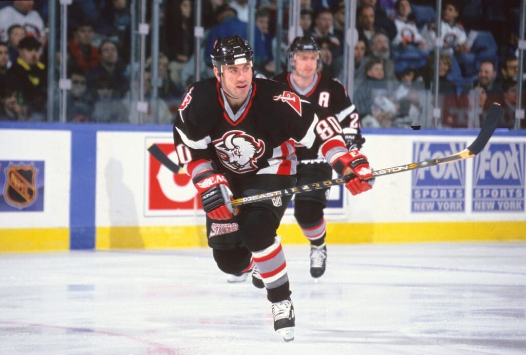 Mar 10, 1998; Uniondale, NY, USA; FILE PHOTO; Buffalo Sabres left wing Geoff Sanderson (80) on the ice against the New York Islanders at Nassau Veterans Memorial Coliseum.