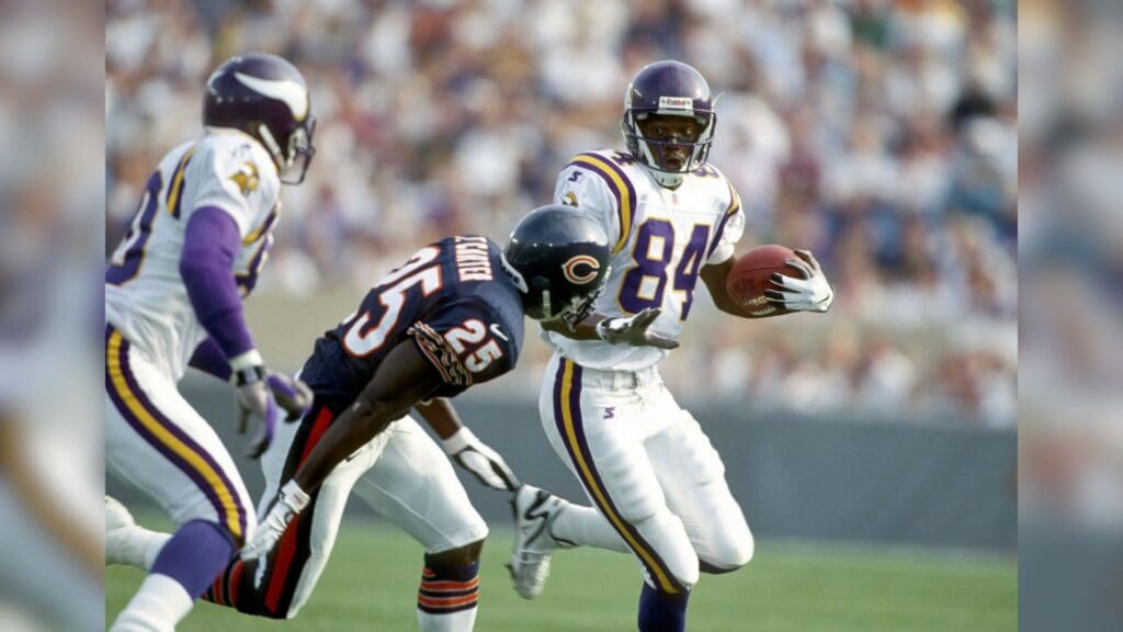 Sep 27, 1998; Chicago, IL, USA; FILE PHOTO; Minnesota Vikings (84) Randy Moss in action against the Chicago Bears at Soldier Field.
