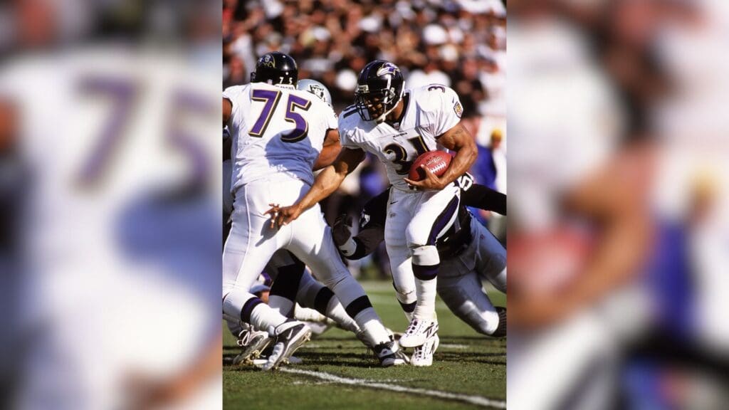Jan 14, 2001; Oakland, CA, USA; FILE PHOTO; Baltimore Ravens running back Jamal Lewis (31) and Jonathan Ogden (75) in action against the Oakland Raiders during the 2000-01 AFC Championship game at Oakland Alameda Coliseum.