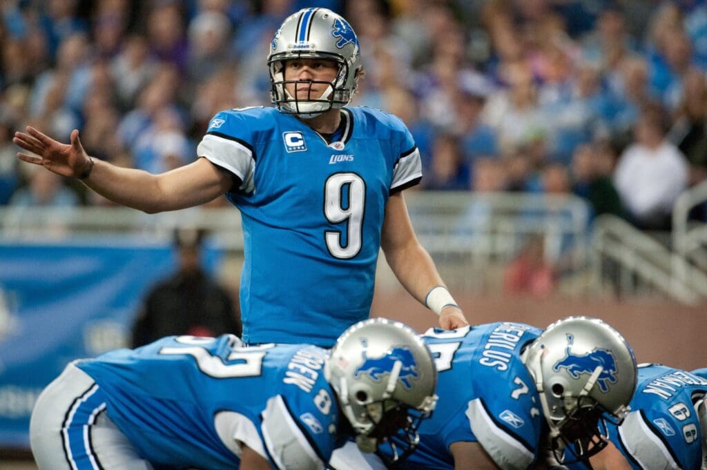 Dec 11, 2011; Detroit, MI, USA; Detroit Lions quarterback Matthew Stafford (9) communicates with his team during the second half against the Minnesota Vikings at Ford Field. Detroit won 34-28.