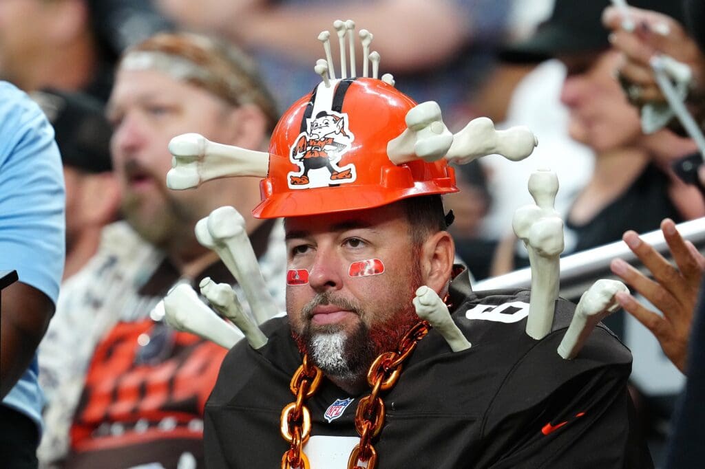 Sep 29, 2024; Paradise, Nevada, USA; A Cleveland Browns fan reacts to a play between the Browns and the Las Vegas Raiders during the second quarter at Allegiant Stadium.