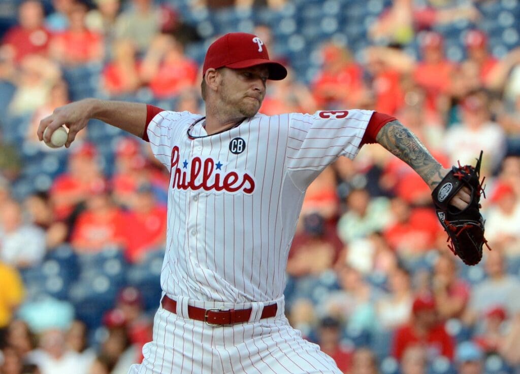 Jun 25, 2014; Philadelphia, PA, USA; Philadelphia Phillies starting pitcher A.J. Burnett (34) pitches in the first inning against the Miami Marlins at Citizens Bank Park.