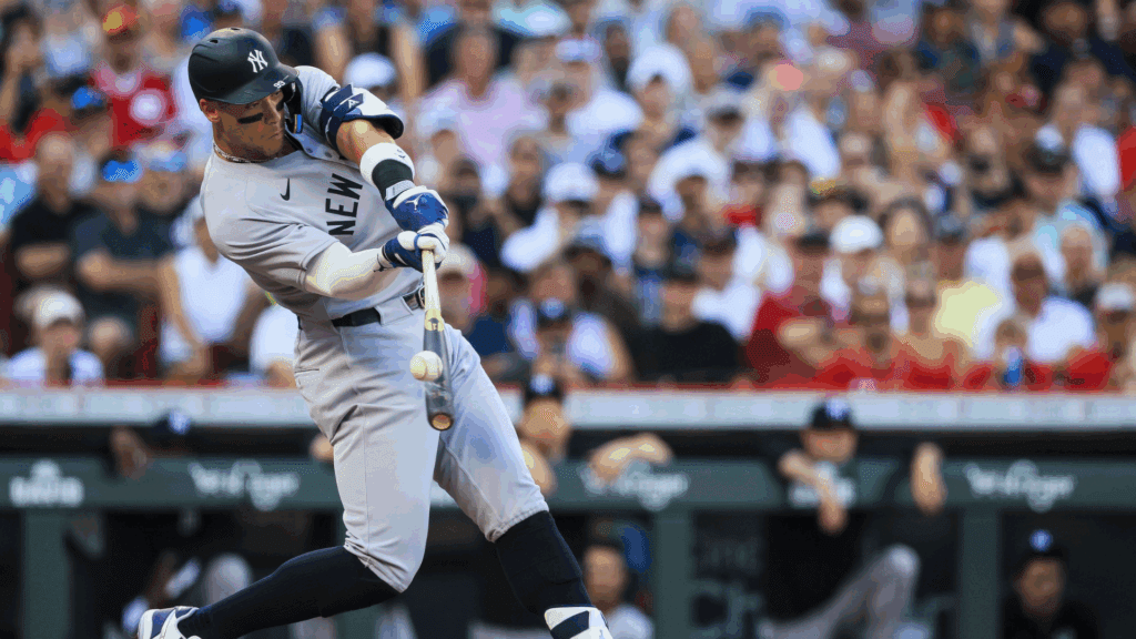 Jun 23, 2025; Cincinnati, Ohio, USA; New York Yankees outfielder Aaron Judge (99) bats against the Cincinnati Reds in the first inning at Great American Ball Park