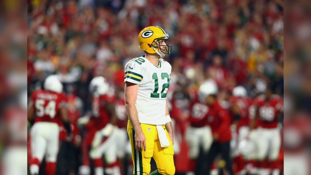 Dec 27, 2015; Glendale, AZ, USA; Green Bay Packers quarterback Aaron Rodgers reacts in the second half against the Arizona Cardinals at University of Phoenix Stadium. The Cardinals defeated the Packers 38-8.