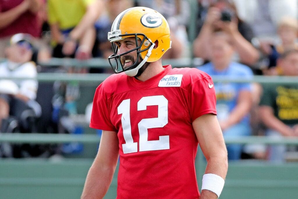 Aug 23, 2017; Landover, MD, USA; Green Bay Packers quarterback Aaron Rodgers (12) smiles during training camp at Ray Nitschke Field. 
