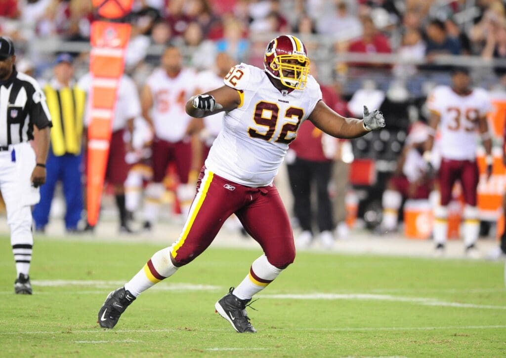 Sept. 2, 2010; Glendale, AZ, USA; Washington Redskins defensive tackle Albert Haynesworth (92) against the Arizona Cardinals at University of Phoenix Stadium
