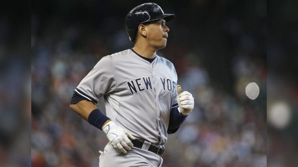 Jun 28, 2015; Houston, TX, USA; New York Yankees designated hitter Alex Rodriguez (13) runs to first base on a single during the sixth inning against the Houston Astros at Minute Maid Park.
