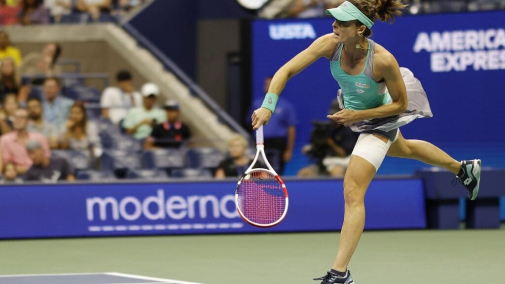 Sep 3, 2022; Flushing, NY, USA; Alize Cornet (FRA) serves against Danielle Collins (USA) (not pictured) on day six of the 2022 U.S. Open tennis tournament at USTA Billie Jean King Tennis Center. 