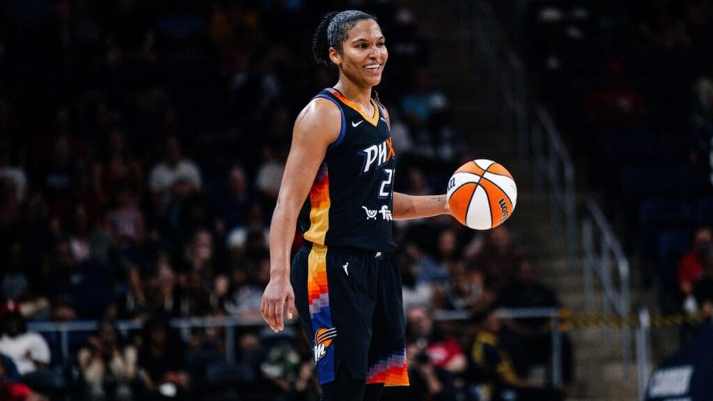 Jul 27, 2025; Washington, District of Columbia, USA; Phoenix Mercury forward Alyssa Thomas (25) reacts in the second half against the Washington Mystics at CareFirst Arena. 