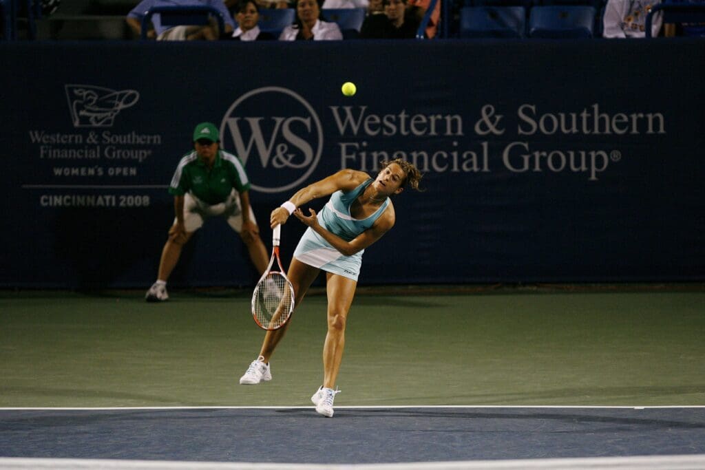 Aug 12, 2008; Mason, OH, USA; Amelie Mauresmo (FRA) serves the ball to Stephanie Cohen-Aloro (FRA) (not pictured) in the second round of the Western and Southern Financial Women's Open at Lindner Family Tennis Center in Mason, OH. Mauresmo won 6-7, 7-6, 6-1.