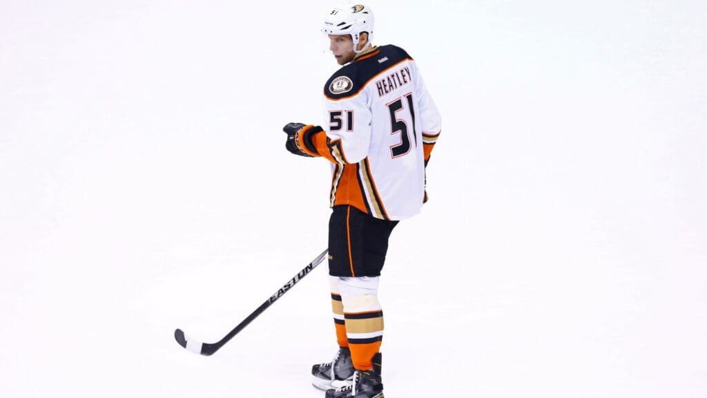 Dec 27, 2014; Glendale, AZ, USA; Anaheim Ducks left wing Dany Heatley (51) against the Arizona Coyotes at Gila River Arena. The Coyotes defeated the Ducks 2-1 in an overtime shootout. 